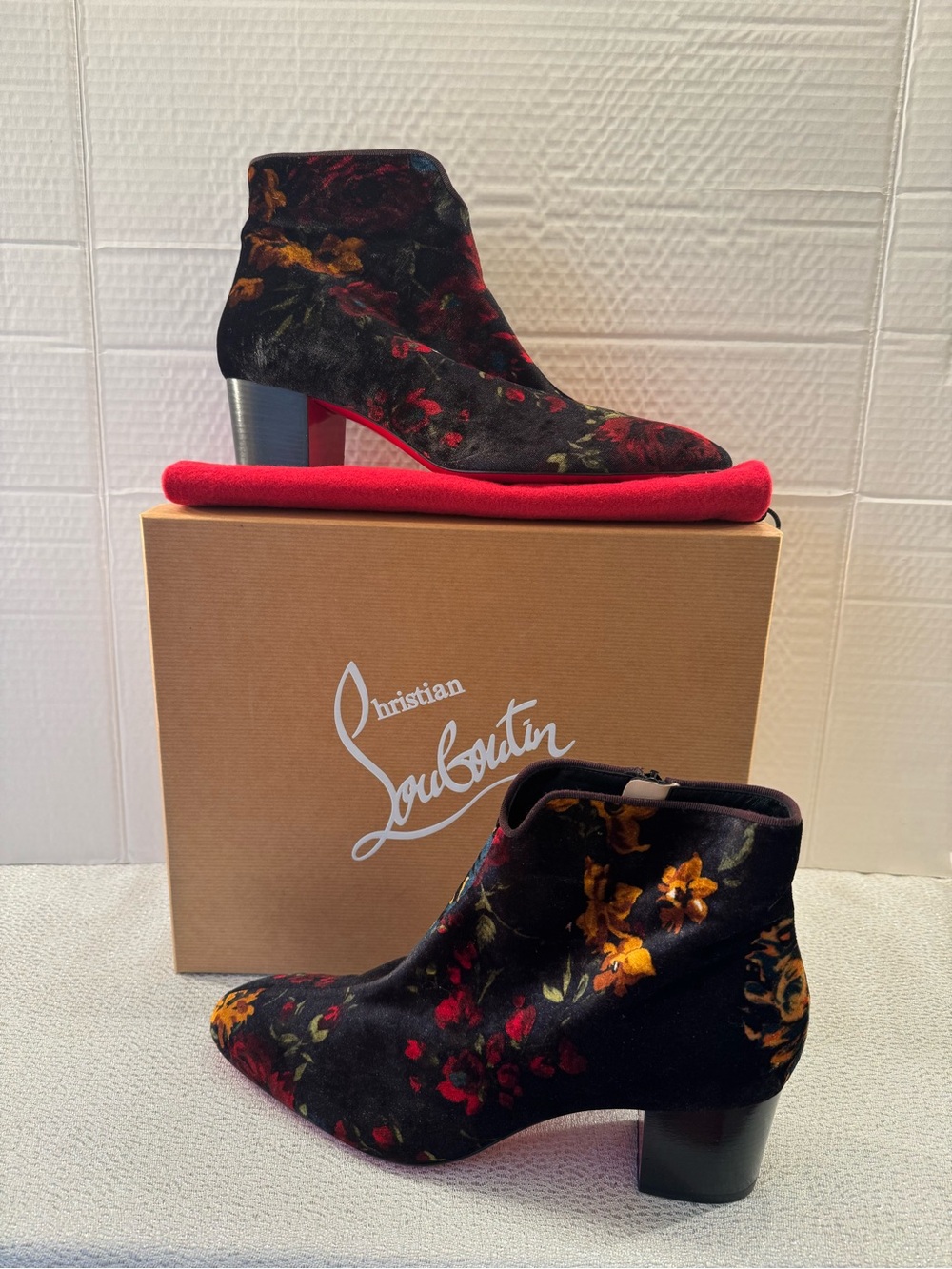 Christian Louboutin Black Floral Velvet Ankle Boots with Red Soles Size 40